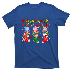 Three Santa Reindeer Hippos In Xmas Socks With Presents Gift T-Shirt