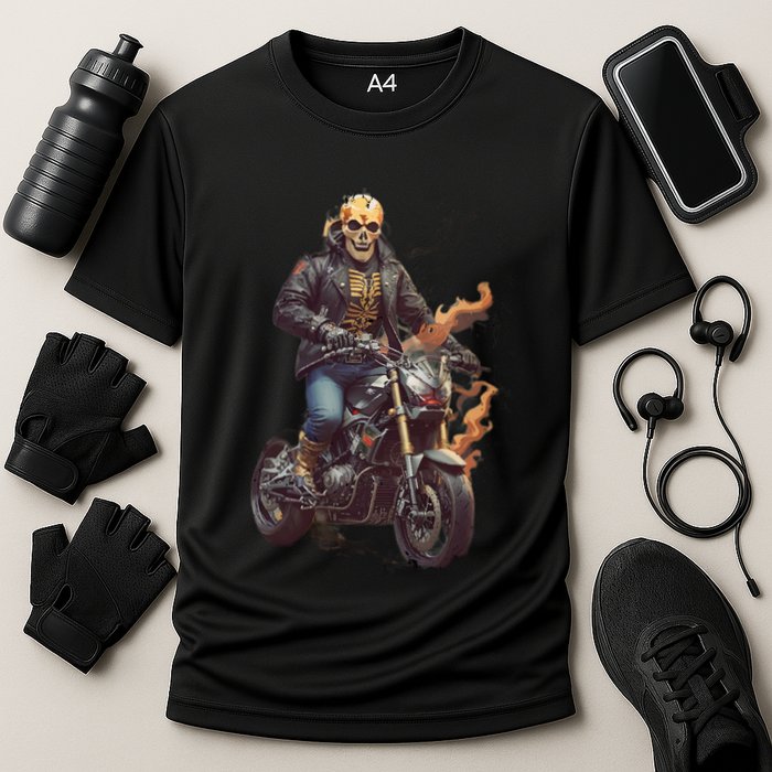 Trendy Skeleton Riding A Motorbike Cooling Performance Crew T-Shirt