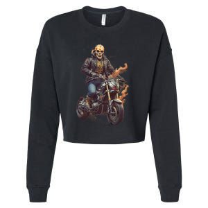 Trendy Skeleton Riding A Motorbike Cropped Pullover Crew