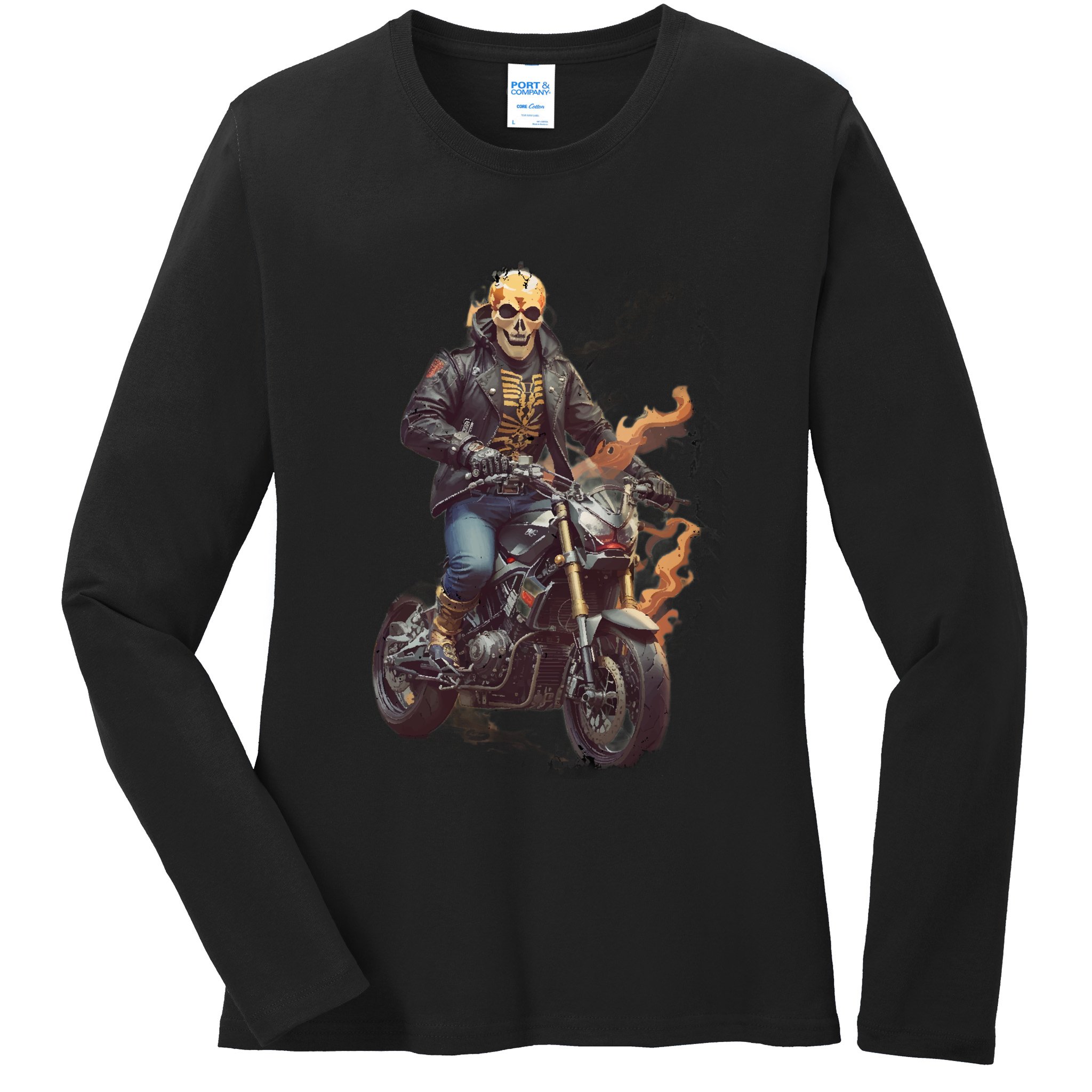 Trendy Skeleton Riding A Motorbike Ladies Long Sleeve Shirt