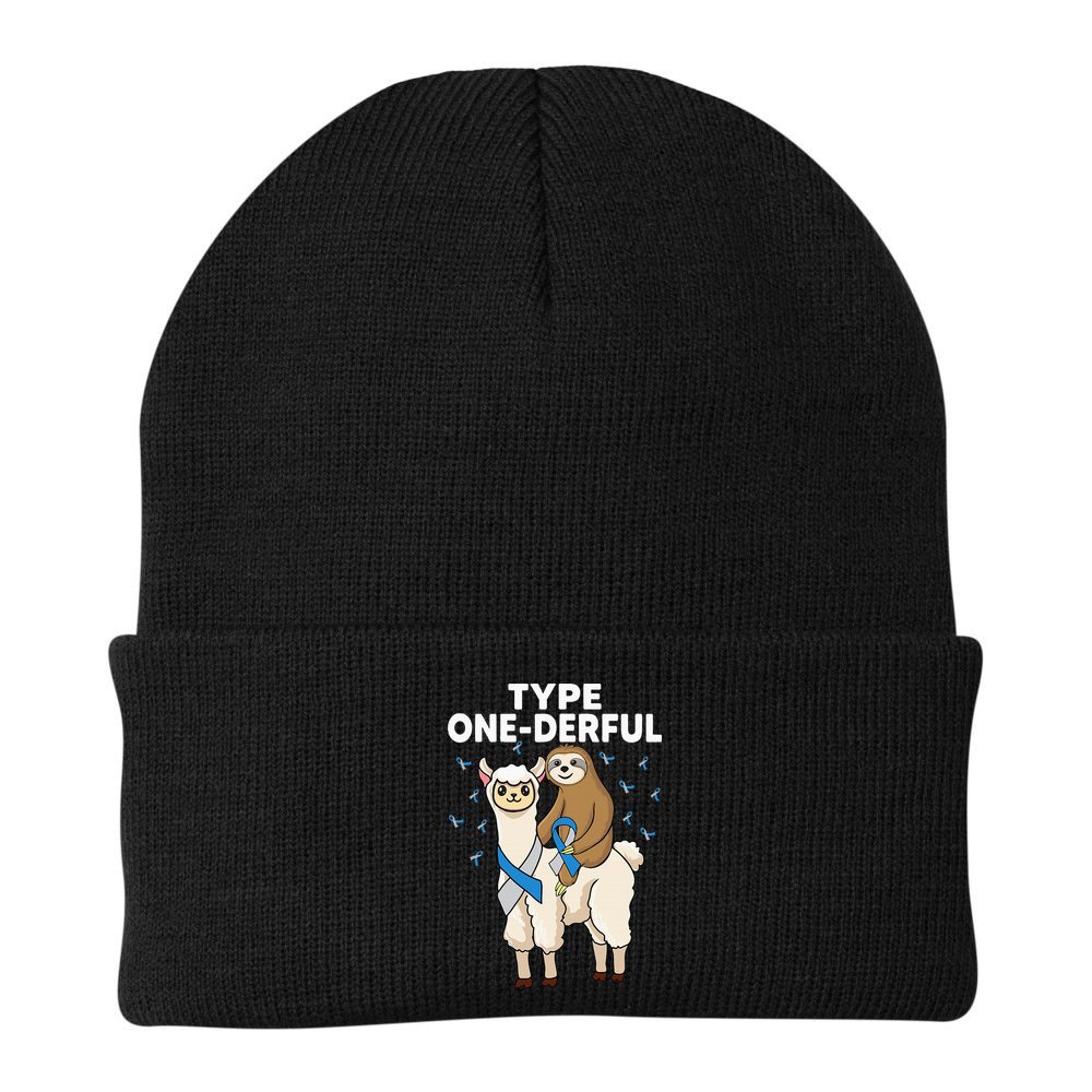 T1D sloth riding llama Type one derful Diabetes Awareness Beanie