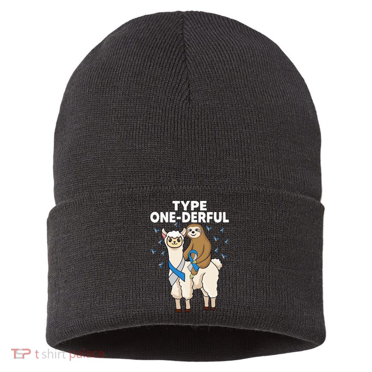 T1D sloth riding llama Type one derful Diabetes Awareness Sustainable Knit Beanie