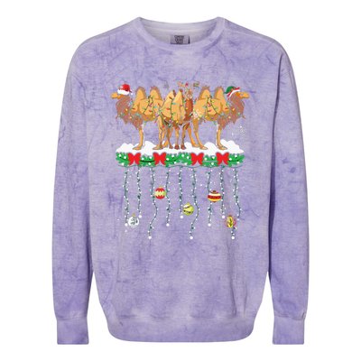 Three Santa Reindeer Elf Camels Christmas Farmer Family Colorblast Crewneck Sweatshirt