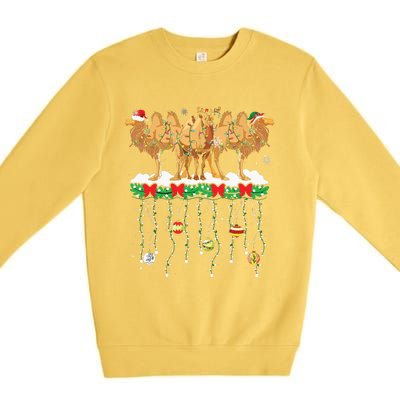 Three Santa Reindeer Elf Camels Christmas Farmer Family Premium Crewneck Sweatshirt