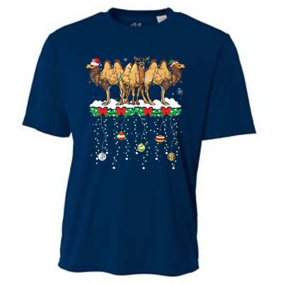 Three Santa Reindeer Elf Camels Christmas Farmer Family Cooling Performance Crew T-Shirt