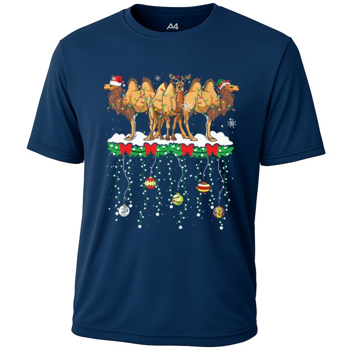 Three Santa Reindeer Elf Camels Christmas Farmer Family Cooling Performance Crew T-Shirt