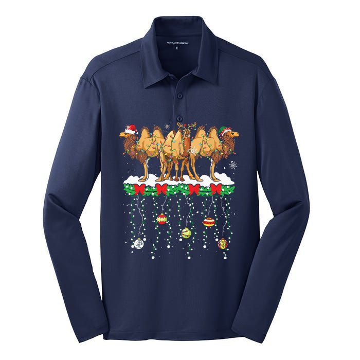 Three Santa Reindeer Elf Camels Christmas Farmer Family Silk Touch Performance Long Sleeve Polo