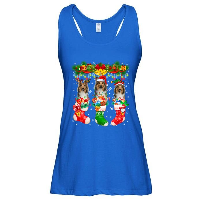 Three Santa Reindeer Elf Shetland Sheepdogs In Xmas Socks Gift Ladies Essential Flowy Tank