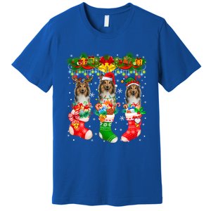 Three Santa Reindeer Elf Shetland Sheepdogs In Xmas Socks Gift Premium T-Shirt