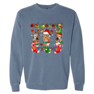 Three Santa Reindeer Elf Whoodles In Xmas Socks Dog Lover Funny Gift Garment-Dyed Sweatshirt