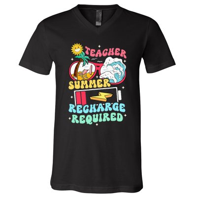 Teacher Summer Recharge Required Funny Teacher Energy Sun V-Neck T-Shirt