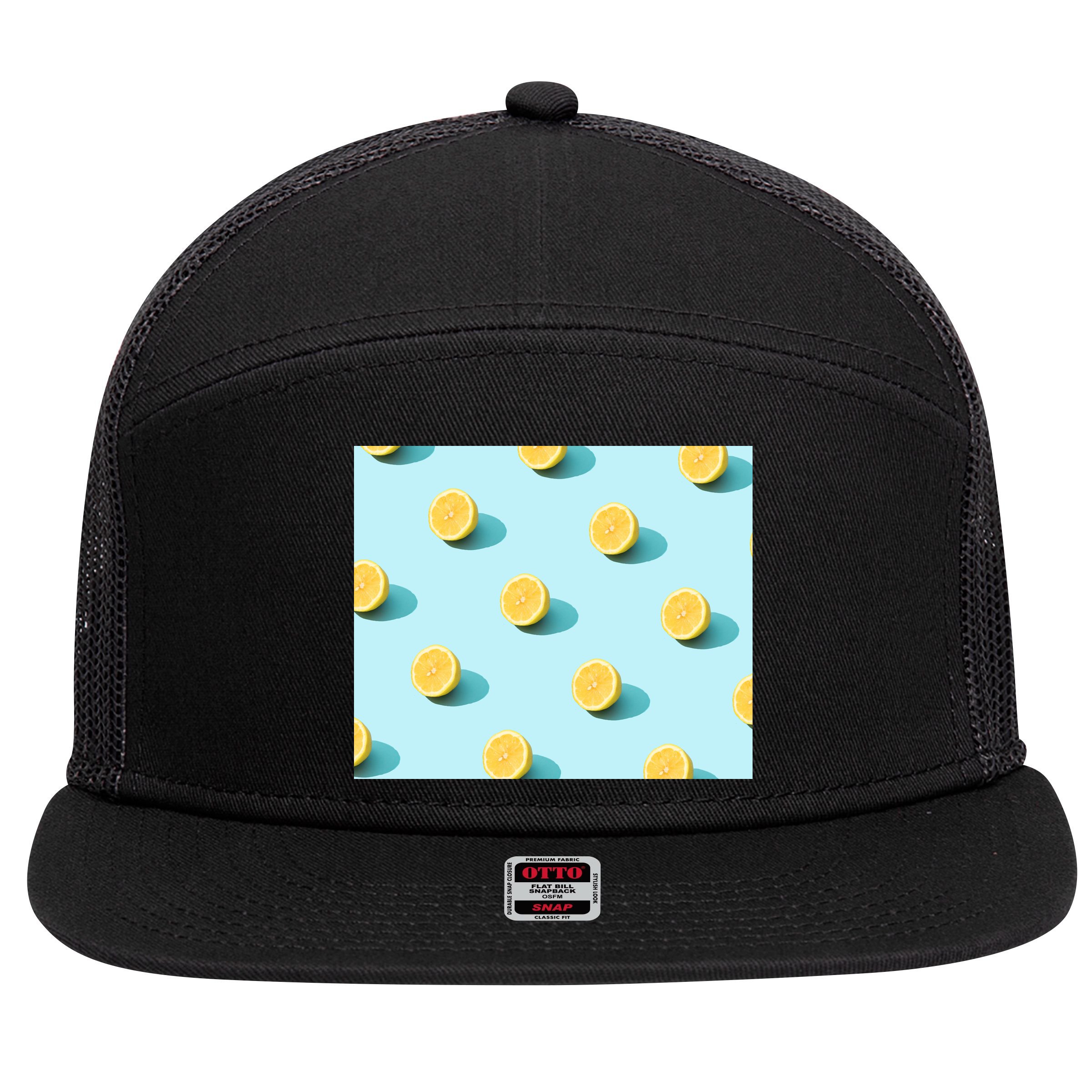Trendy Sunlight Summer Pattern Lemons 7 Panel Mesh Trucker Snapback Hat