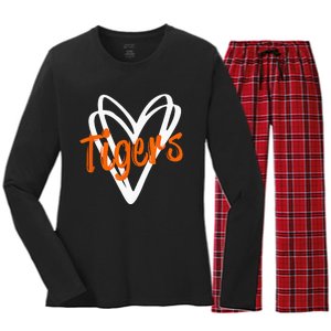 Tigers School Sports Fan Team Spirit Mascot Cute Heart Gift Women's Long Sleeve Flannel Pajama Set 