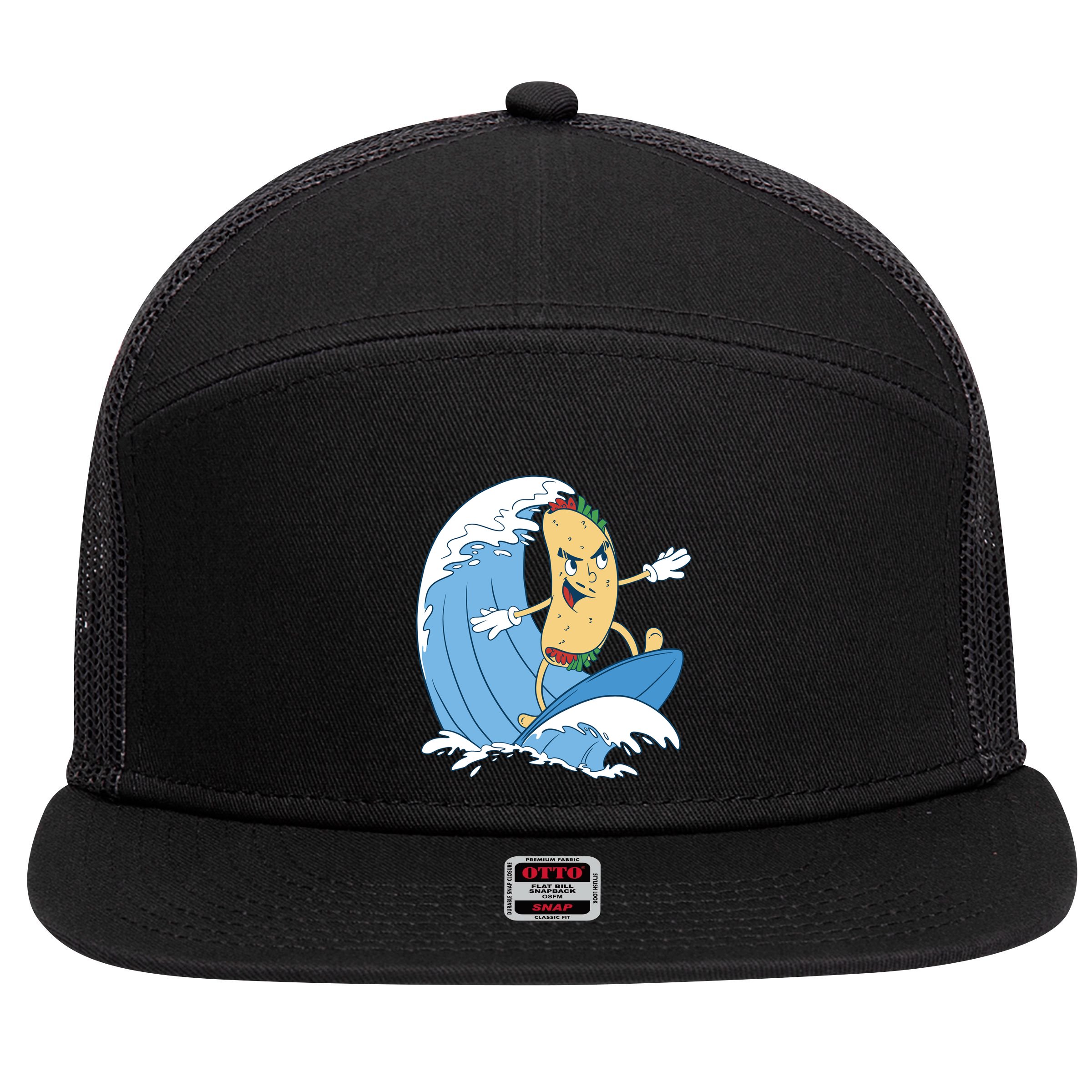 Taco Surfer Surfing Funny 7 Panel Mesh Trucker Snapback Hat