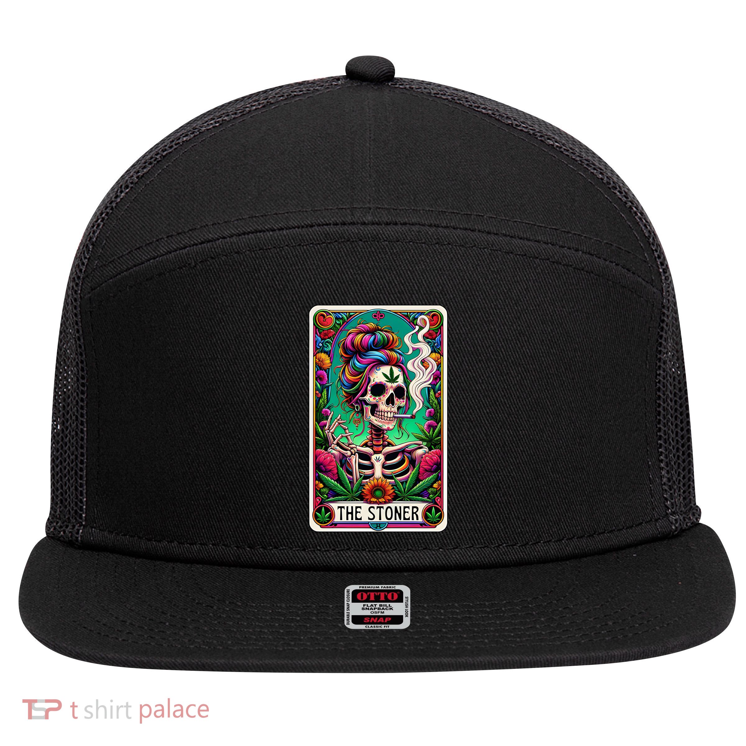 The Stoner Skeleton Tarot Card Funny 420 Cannabis 7 Panel Mesh Trucker Snapback Hat