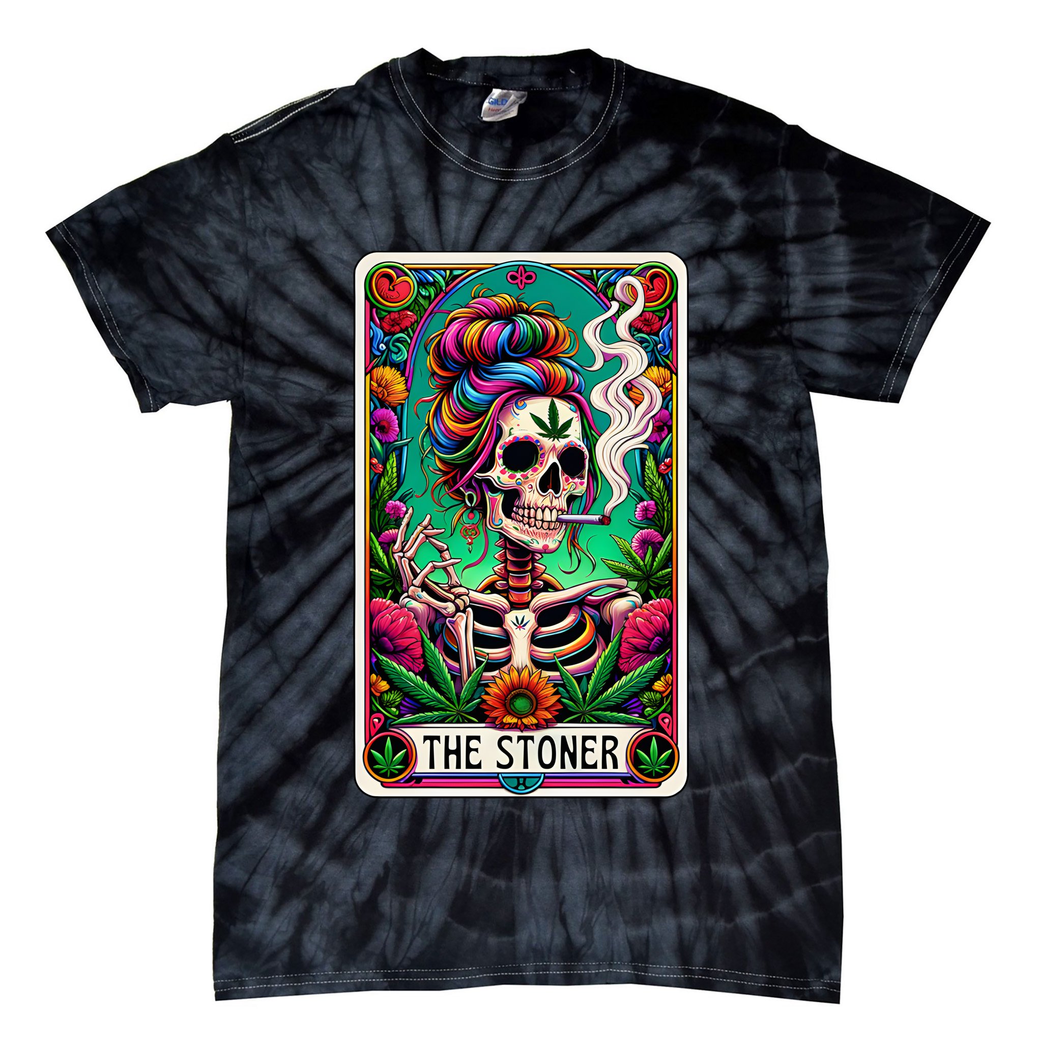 The Stoner Skeleton Tarot Card Funny 420 Cannabis Tie-Dye T-Shirt