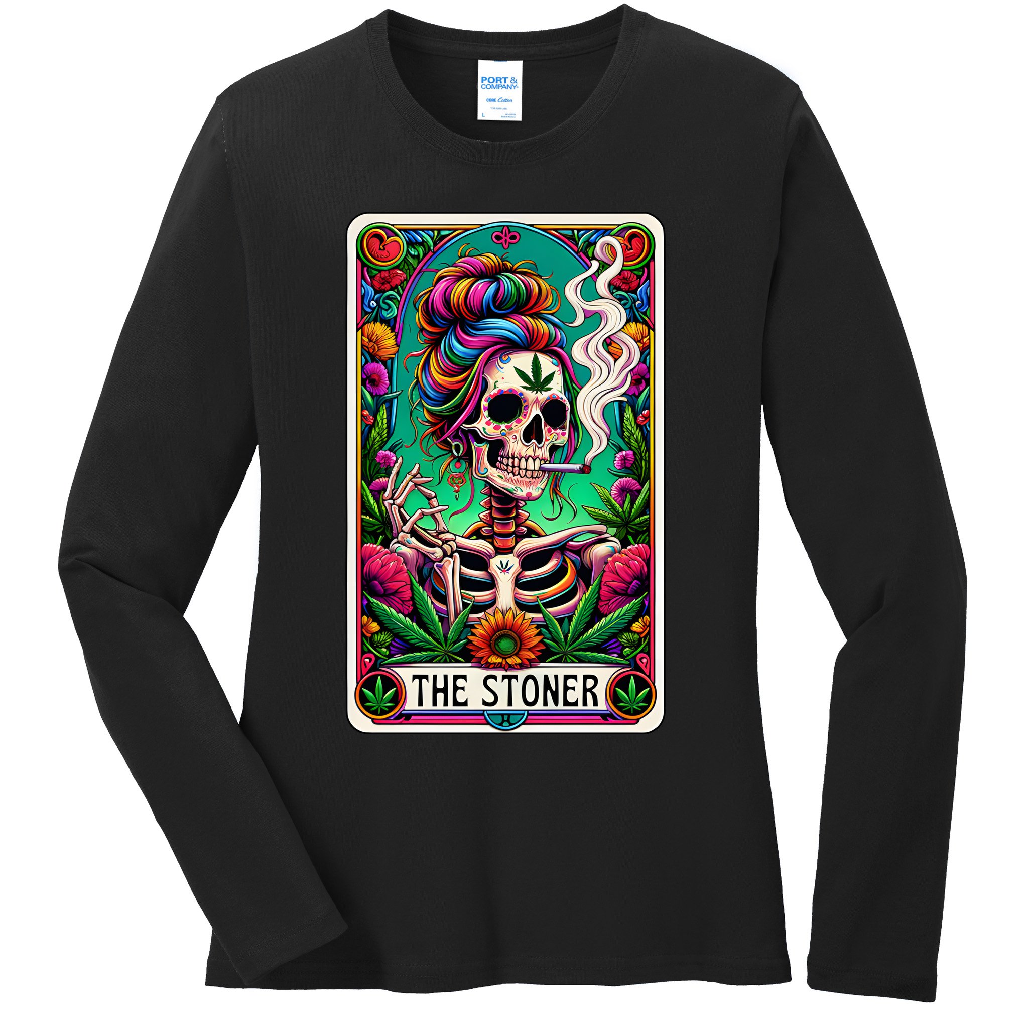The Stoner Skeleton Tarot Card Funny 420 Cannabis Ladies Long Sleeve Shirt