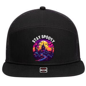 Title: Stay Spooky Graveyard Spooky Haunted House Funny Halloween 7 Panel Mesh Trucker Snapback Hat