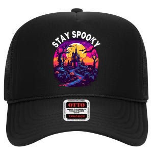 Title: Stay Spooky Graveyard Spooky Haunted House Funny Halloween High Crown Mesh Back Trucker Hat