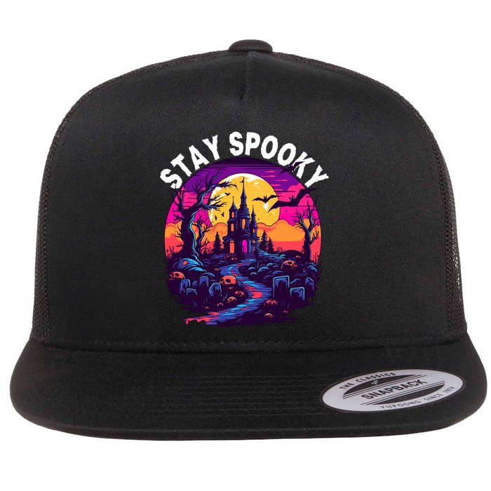 Title: Stay Spooky Graveyard Spooky Haunted House Funny Halloween Flat Bill Trucker Hat