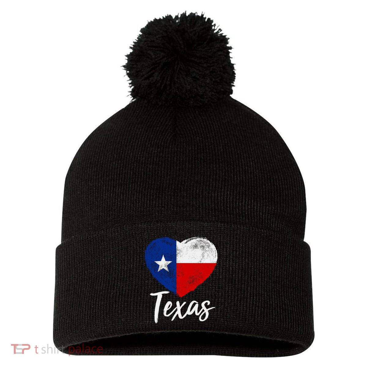 Texas Strong State Flag Heart Pom Pom 12in Knit Beanie