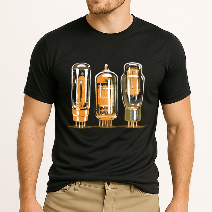 Throwback Style Stereo Amplifier Vacuum Tubes Cooling Performance Crew T-Shirt