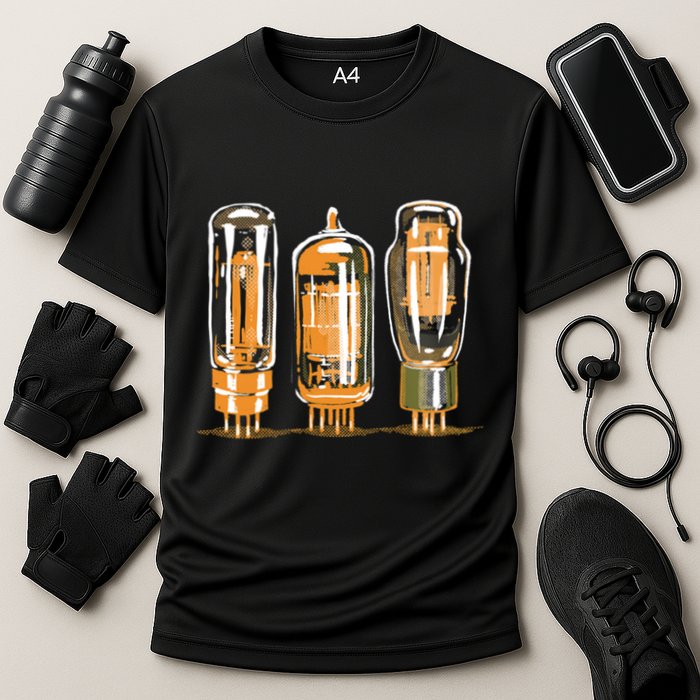 Throwback Style Stereo Amplifier Vacuum Tubes Cooling Performance Crew T-Shirt