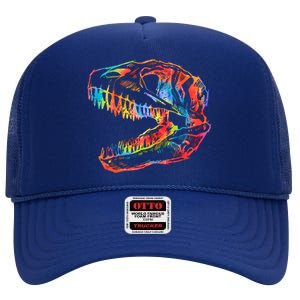 TRex Skull Skeleton Tie Dye Dino Bones Fossil Dinosaur Gift High Crown Mesh Back Trucker Hat