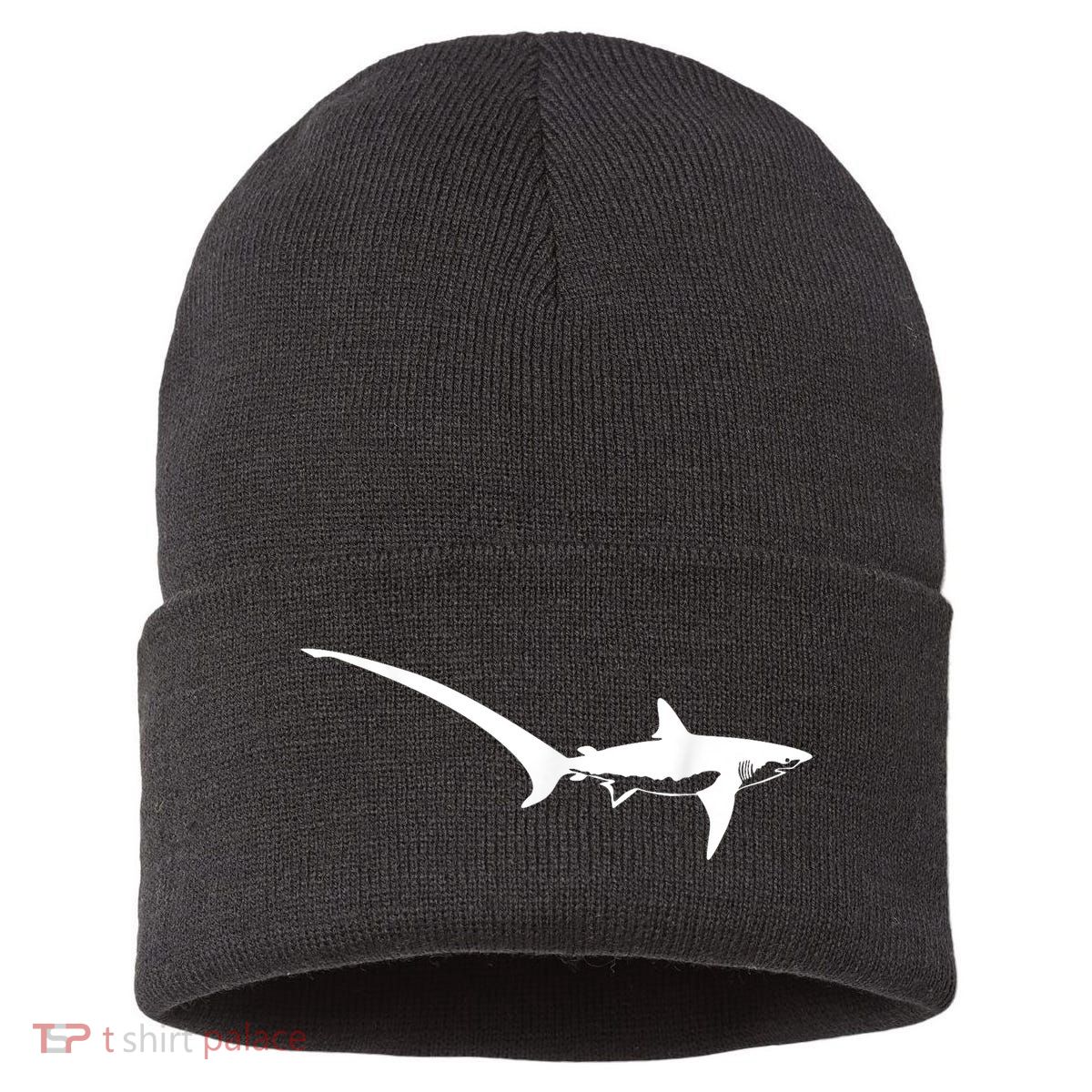 Thresher Shark Silhouette Simple Shark Design Sustainable Knit Beanie
