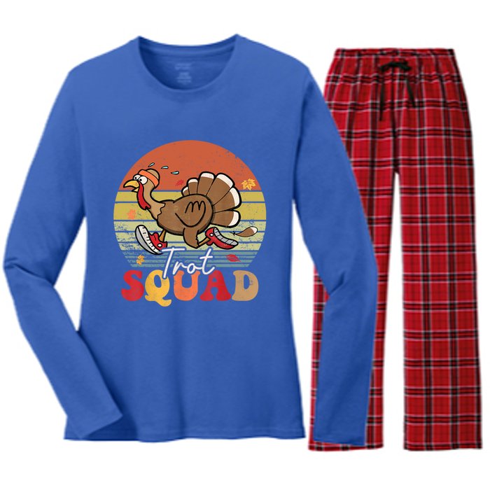 Trot Squad Turkey Autumn Fall Yall Thanksgiving Groovy Retro Funny Gift Women's Long Sleeve Flannel Pajama Set 