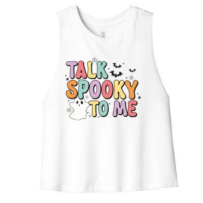 Talk Spooky To Me Groovy Halloween Retro Gift Women's Racerback Cropped Tank