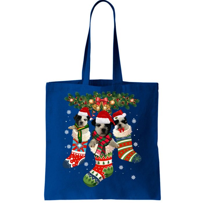 Three Shih Tzu In Sock Christmas Santa Xcute Giftmas Dog Funny Gift Tote Bag