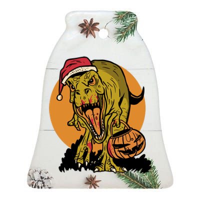 TRex Santa Trick Or Treating Halloween Funny Ceramic Bell Ornament