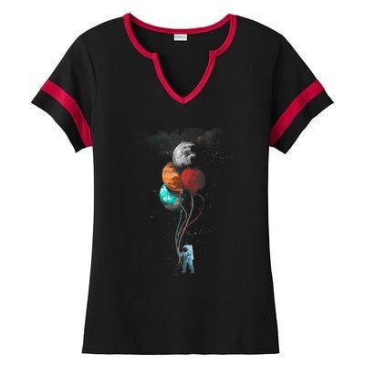 The Spaceman's Trip Astronaut Space Planets Balloons Ladies Halftime Notch Neck Tee