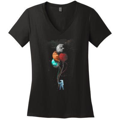 The Spaceman's Trip Astronaut Space Planets Balloons Women's V-Neck T-Shirt