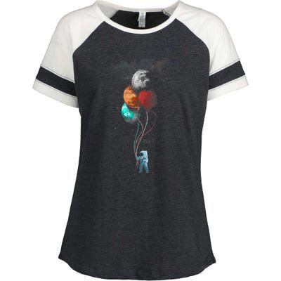 The Spaceman's Trip Astronaut Space Planets Balloons Enza Ladies Jersey Colorblock Tee