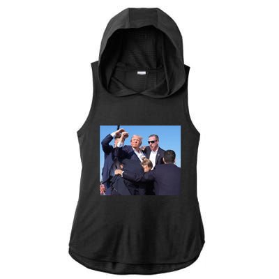 Trump Shooting Trump 2024 Ill Never Stop Fighting For My Country Ladies PosiCharge Tri-Blend Wicking Draft Hoodie Tank