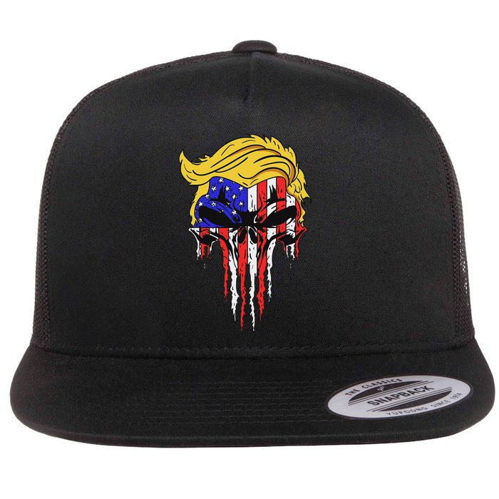 Trump Skull Usa Flag Hair Funny President Design Flat Bill Trucker Hat