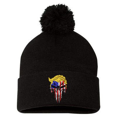 Trump Skull Usa Flag Hair Funny President Design Pom Pom 12in Knit Beanie