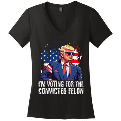 Trump Sunglasses Us Flag I Am Voting Convicted Felon Women's V-Neck T-Shirt