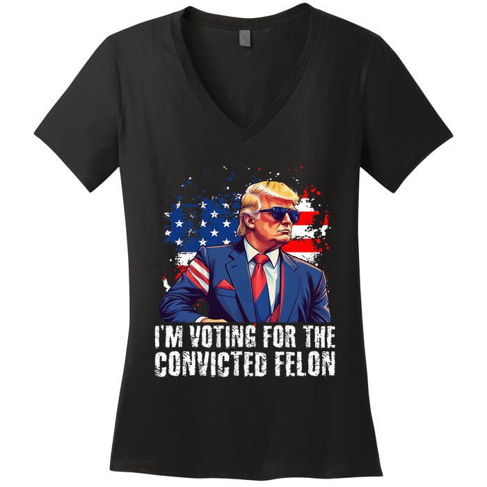 Trump Sunglasses Us Flag I Am Voting Convicted Felon Women's V-Neck T-Shirt