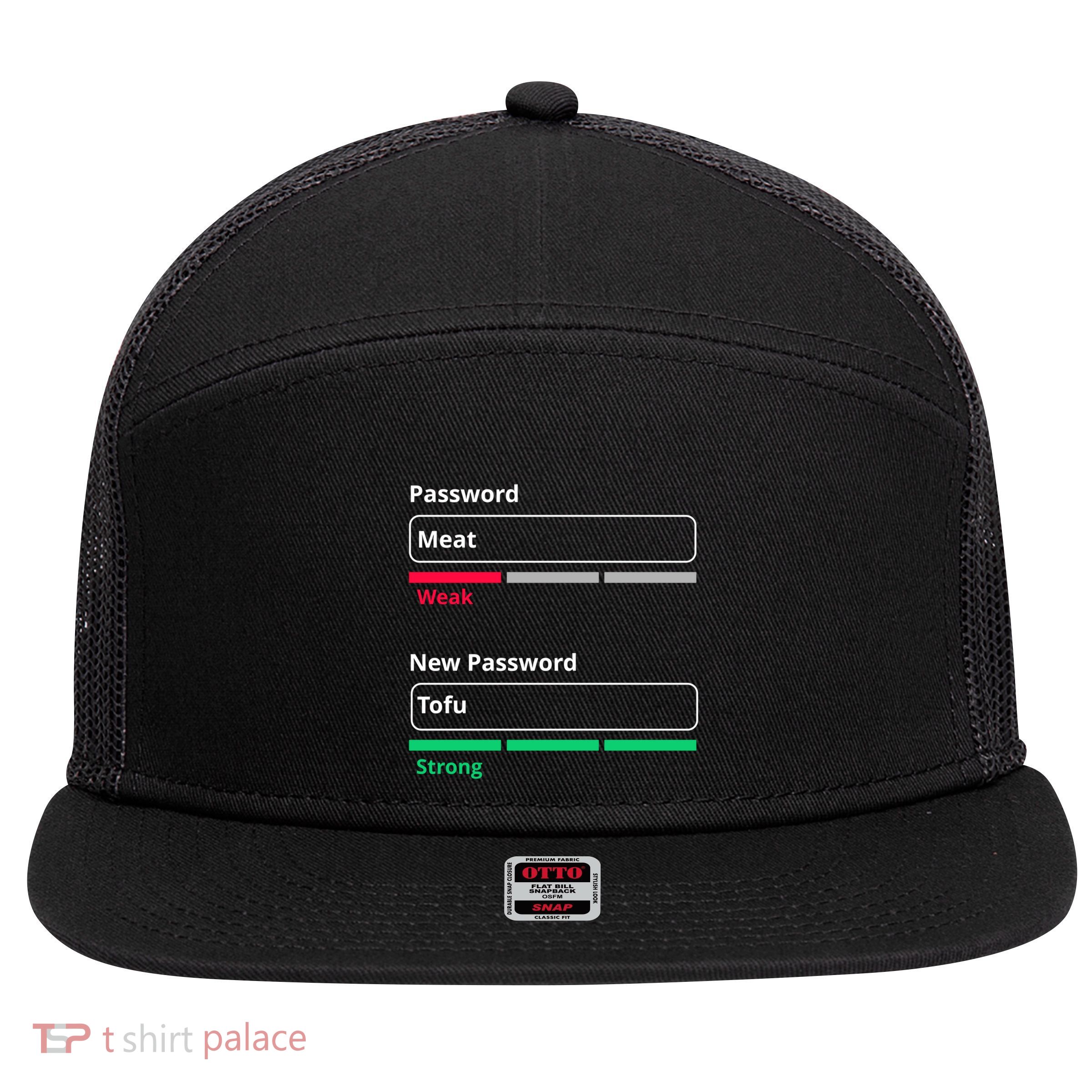 Tofu Saying Vegan Meme Password Weak Strong Tofu Cute Gift 7 Panel Mesh Trucker Snapback Hat
