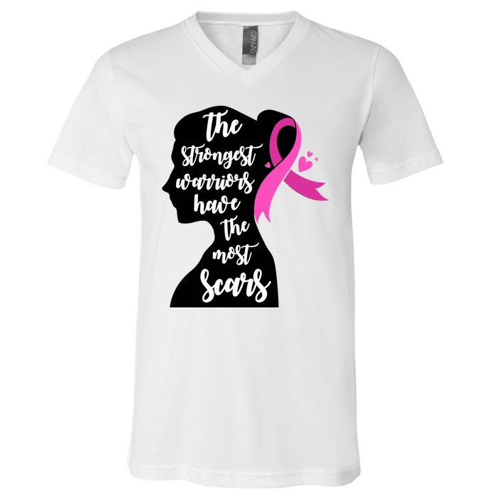 The Strongest Warriors Have The Most Scars Breast Cancer Awareness V-Neck T-Shirt