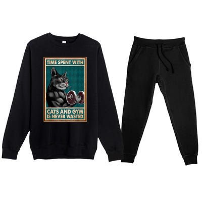 Time Spent With Cats And Gym Is Never Wasted Workout Bodybuilding Premium Crewneck Sweatsuit Set