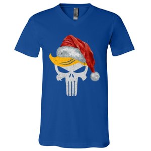 Trump Skull With Santa Hat Trump Hair Christmas Holiday Gift V-Neck T-Shirt