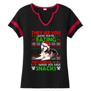 They See You When You're Eating Siberian Husky Ugly Xmas Cool Gift Ladies Halftime Notch Neck Tee