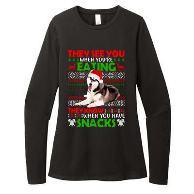 They See You When You're Eating Siberian Husky Ugly Xmas Cool Gift Womens CVC Long Sleeve Shirt