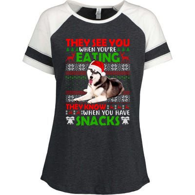 They See You When You're Eating Siberian Husky Ugly Xmas Cool Gift Enza Ladies Jersey Colorblock Tee