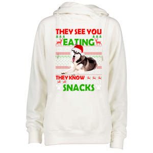 They See You When You're Eating Siberian Husky Ugly Xmas Cool Gift Womens Funnel Neck Pullover Hood