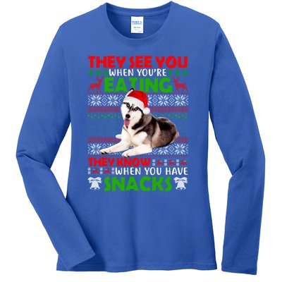 They See You When You're Eating Siberian Husky Ugly Xmas Cool Gift Ladies Long Sleeve Shirt